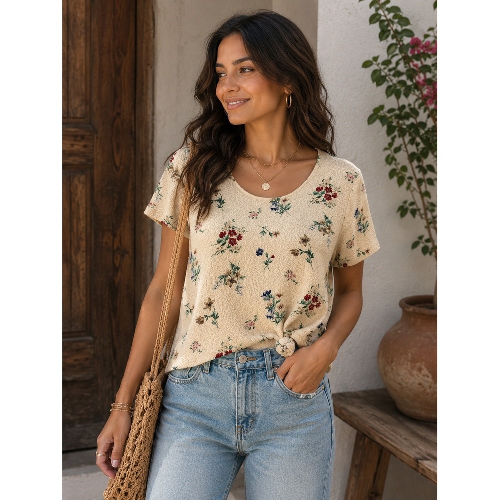 Molly Malloy Vintage Floral Textured Short Sleeve Top Cream Side Tie Knot Scoop